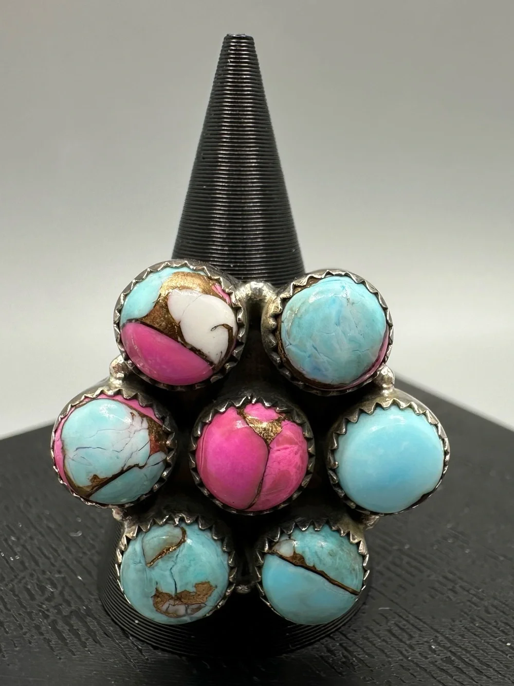 Cotton Candy Dahlia Turquoise Sterling Silver 925 Adjustable Ring Handmade
